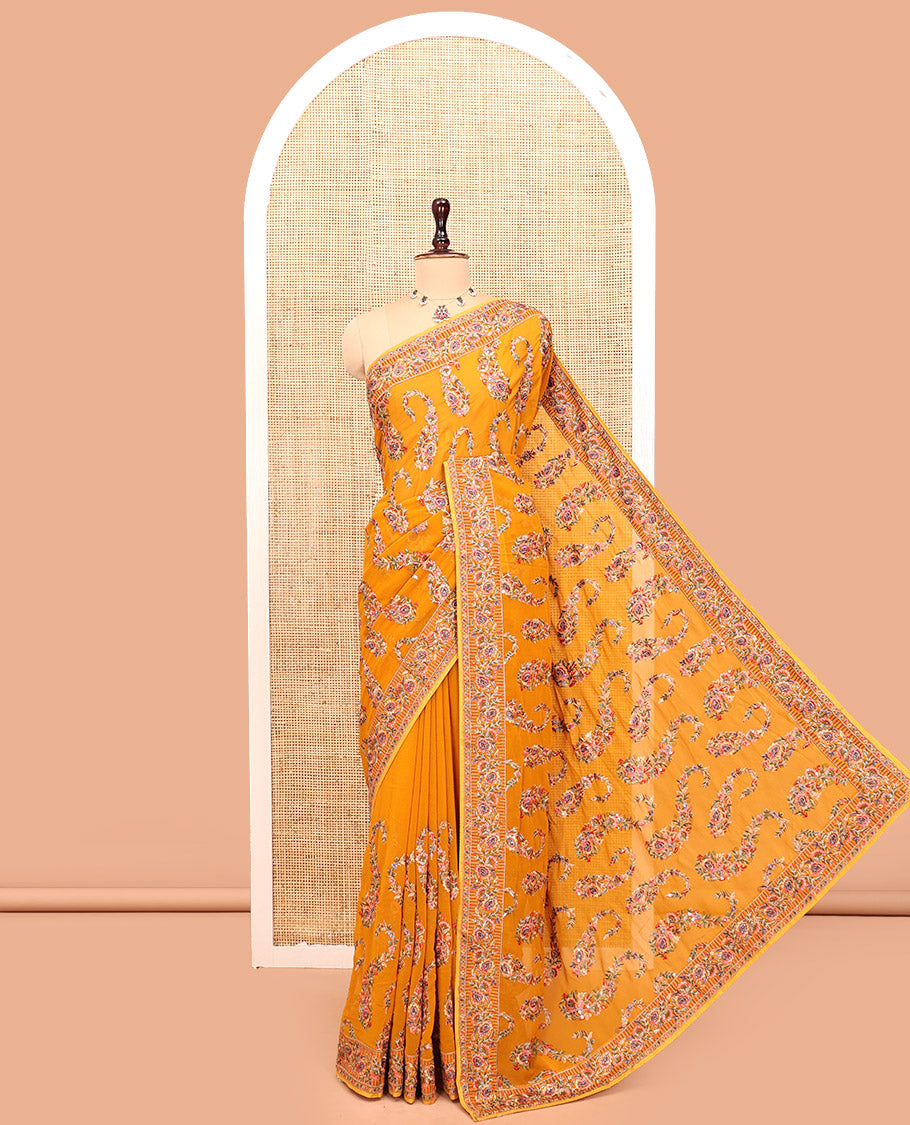 Mustard Georgette Designer Saree Features Color-Thread Paisley Embroidery, a Matching Blouse