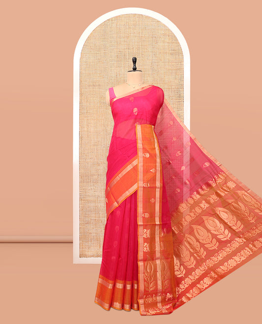 Pink Silk Cotton Saree, Prettified with Floral Buttas, a Contrast Floral Motif Border, Intricate Pallu, and a Contrast Blouse