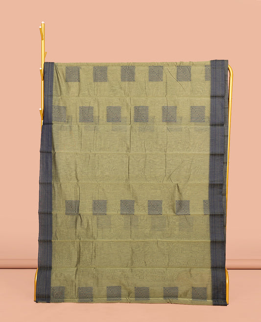Green Semi-Silk Cotton Saree, Finely Crafted with Square Buttas All Over Its Body, Complemented by a Contrast Traditional Border, Intricately Designed Pallu, and Paired with a Matching Blouse