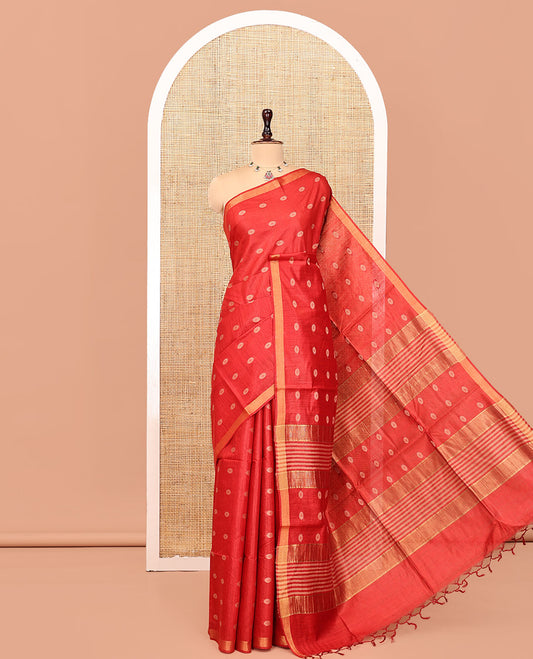 Red Tussar Silk Saree, Woven with Floral Buttas, a Zari Border, Self-Pallu of Buttas and Stripes, and Matching Blouse