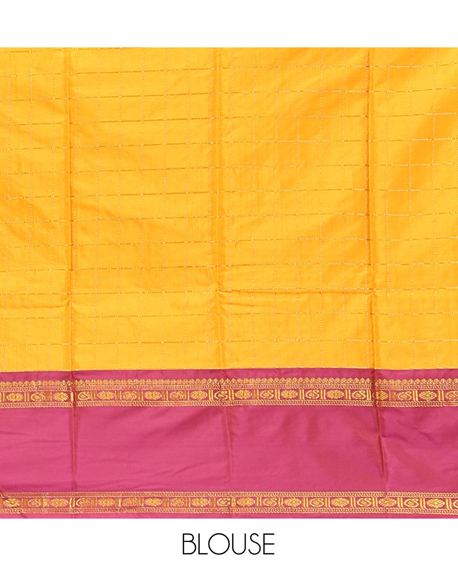Yellow Budget Silk Saree, Mesmerized with Zari Checks, Contrast Traditional Zari Rettai Pettu Border, Zari Pallu, and a Matching Blouse
