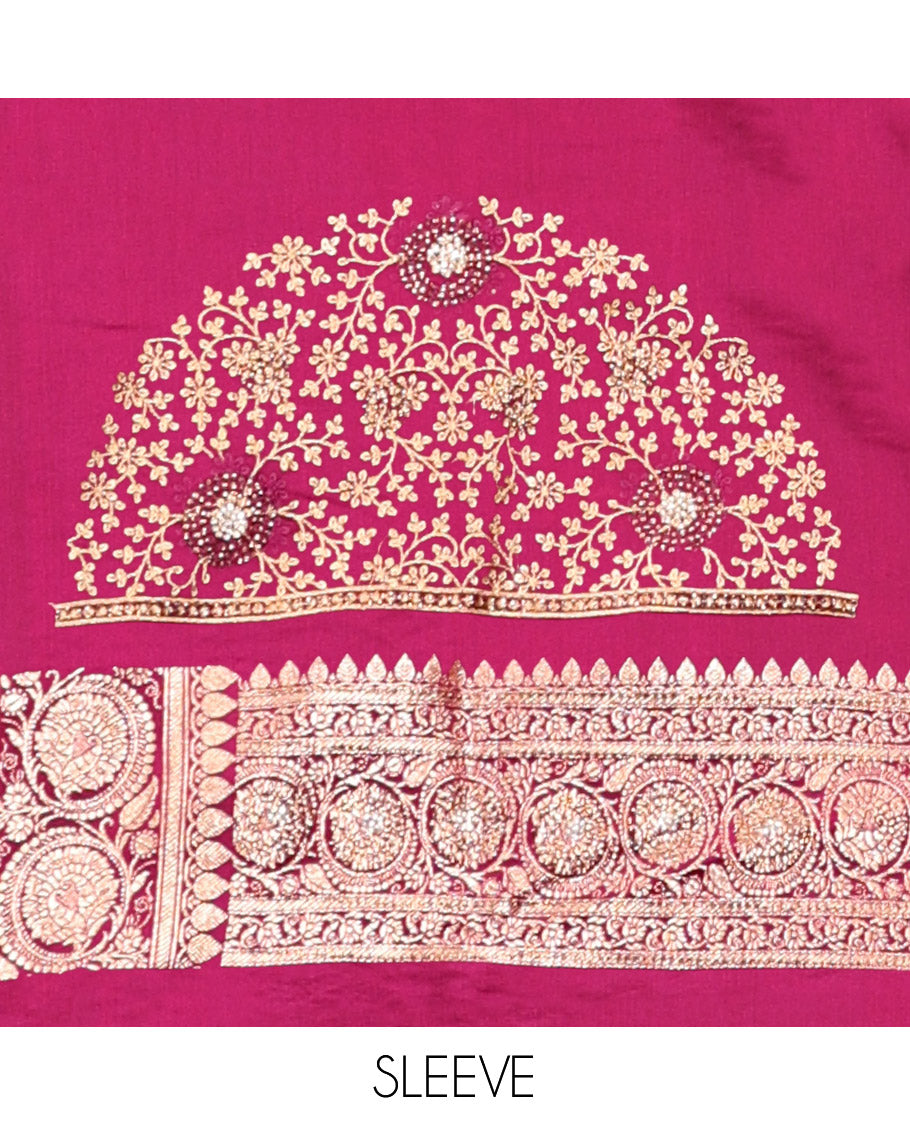 Red Wine Banarasi Satin Saree, Opulently Embellished with Floral Jaal Jacquard, a Floral Creeper Border, Intricate Stonework Pallu, and a Matching Blouse