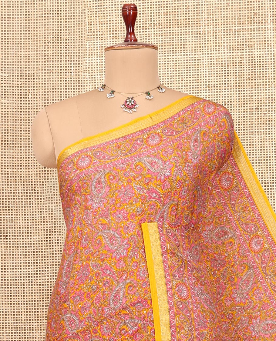 Orange Printed Silk Saree, Bedecked with Floral-Paisley Print, a Contrast Traditional Zari Border, Paisley Pallu, and a Contrast Blouse