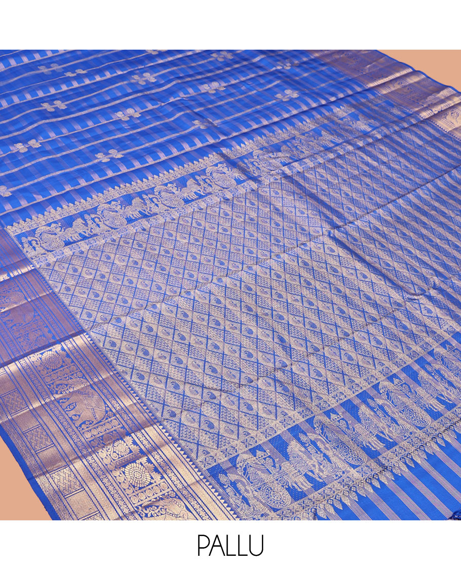 Blue Kanchipuram Silk Saree, Adorned with Zari Buttas and Checks, a Zari Border of Rekku, Kathir, Muthu, Rudraksham, Rekku, Yaanai, Chakram, and Paiyaddi Kattam, Jaal Pallu, Matching Blouse