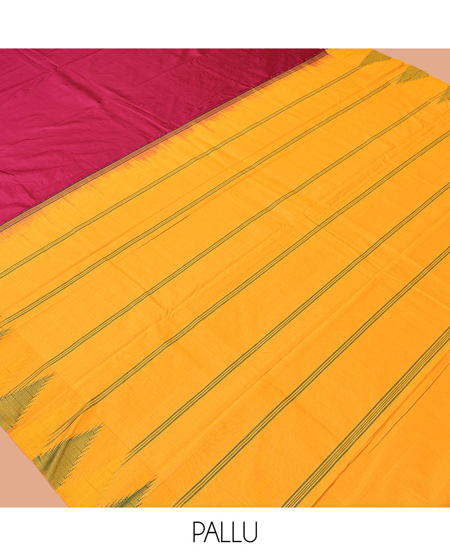 Red Plain Bangalore Silk Saree, Complemented by a Contrast Temple Border, Pallu of Stripes, and a Contrast Blouse