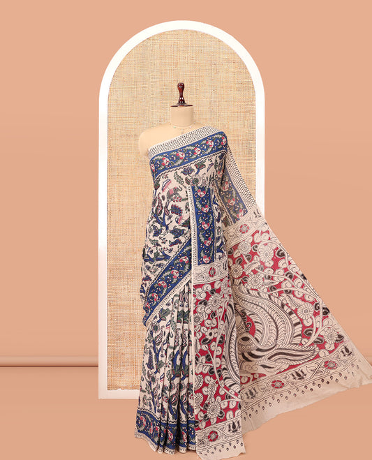 Sandal Kalamkari Cotton Saree, Elevated with Animal and Floral Motif Print, Contrast Printed Border, Kalamkari Peacock Motifs Pallu, and a Matching Blouse