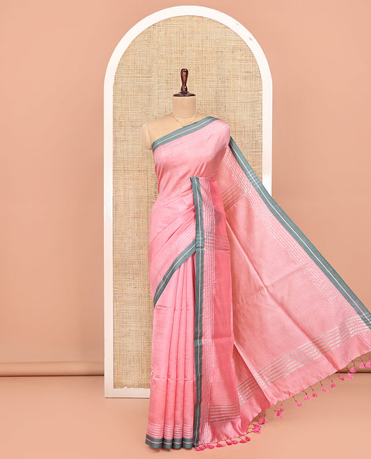 Pink Plain Banana Pith Saree, Subtle Contrast Striped Border, Pallu Steeped with Stripes, and Paired with a Matching Blouse
