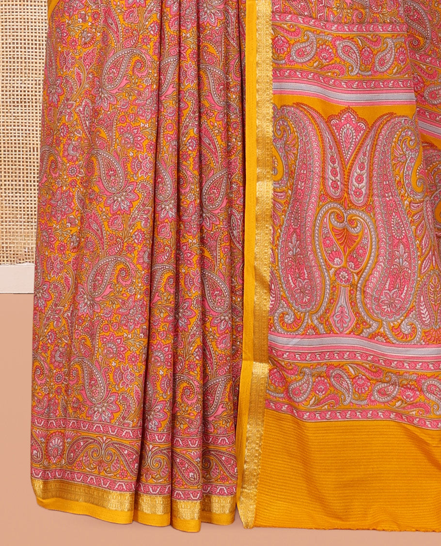 Orange Printed Silk Saree, Bedecked with Floral-Paisley Print, a Contrast Traditional Zari Border, Paisley Pallu, and a Contrast Blouse