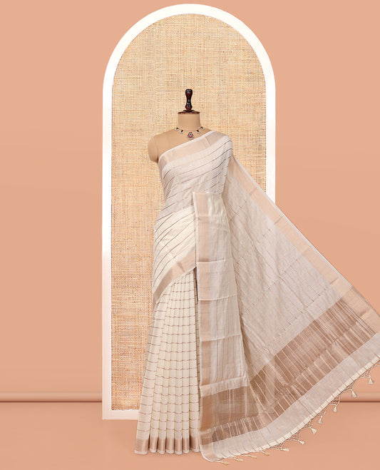 White Assam Silk Saree, Mesmerized with Zari Stripes, Highlighted by a Traditional Zari Border, Zari-Striped Pallu, and a Matching Blouse