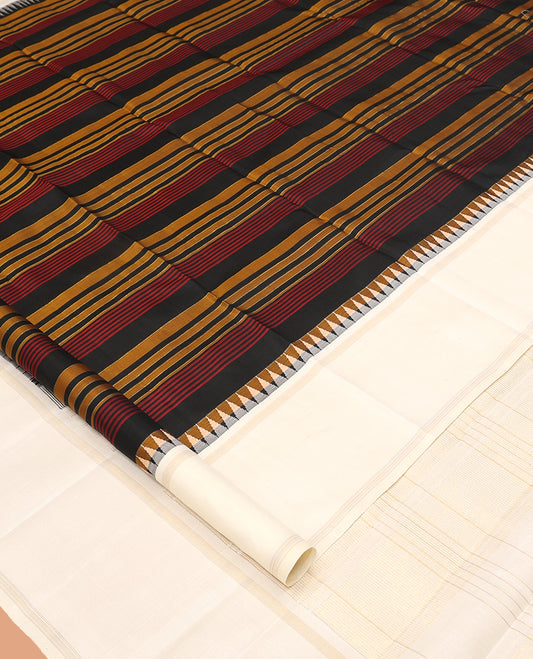 Black Striped Kanchipuram Silk Saree, Complemented by a Contrast Bodi Thazampoo Rekku Border, Zari Striped Pallu, and a Contrast Blouse