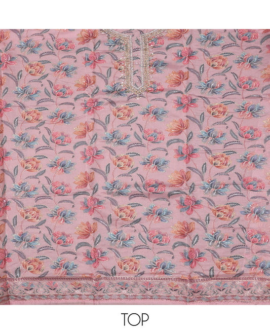 Pink Material Chudidar Set, Enriched with Floral Print, and Outline Embroidery on Organza Top, a Plain Santoon Bottom, and Paired with a Floral Vine Sequins Embroidered Organza Dupatta