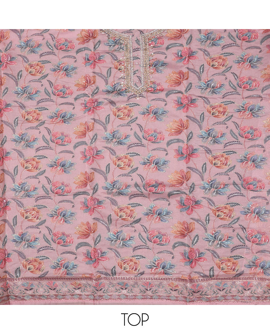 Pink Material Chudidar Set, Enriched with Floral Print, and Outline Embroidery on Organza Top, a Plain Santoon Bottom, and Paired with a Floral Vine Sequins Embroidered Organza Dupatta