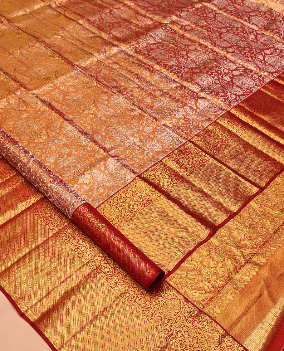 Orange Kanchipuram Tissue Silk Saree, Meticulously Crafted with Jacquard Design, Complemented by Contrast Kodi Visiry Zari Border, Grand Pallu, and Contrast Blouse