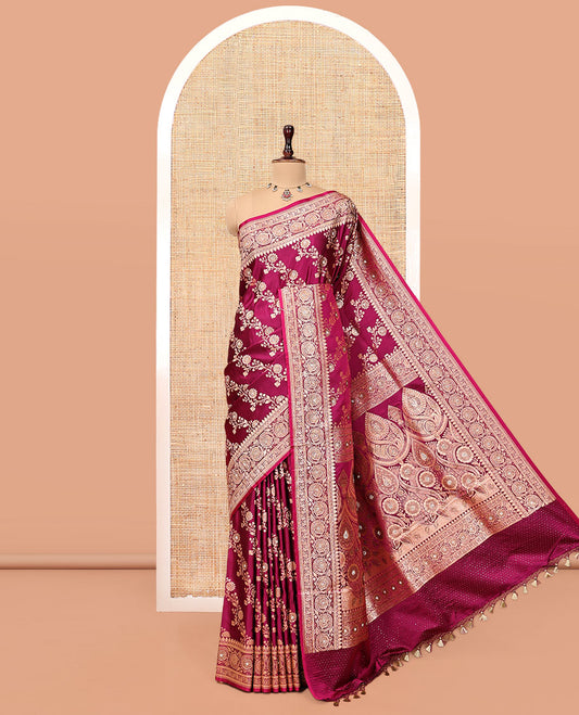 Purple Wine Banarasi Satin Saree, Opulently Embellished with Floral Jaal Jacquard, a Floral Creeper Border, Intricate Stonework Pallu, and a Matching Blouse