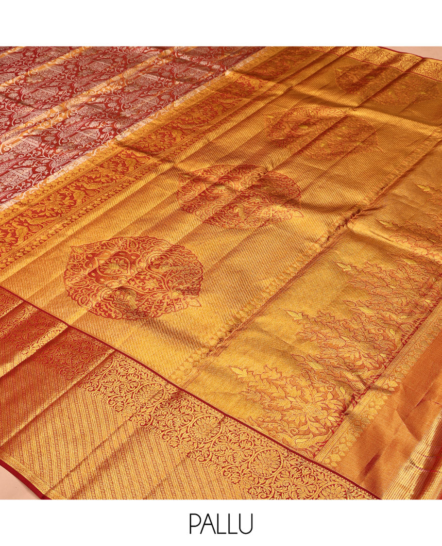 Orange Kanchipuram Tissue Silk Saree, Meticulously Crafted with Jacquard Design, Complemented by Contrast Kodi Visiry Zari Border, Grand Pallu, and Contrast Blouse