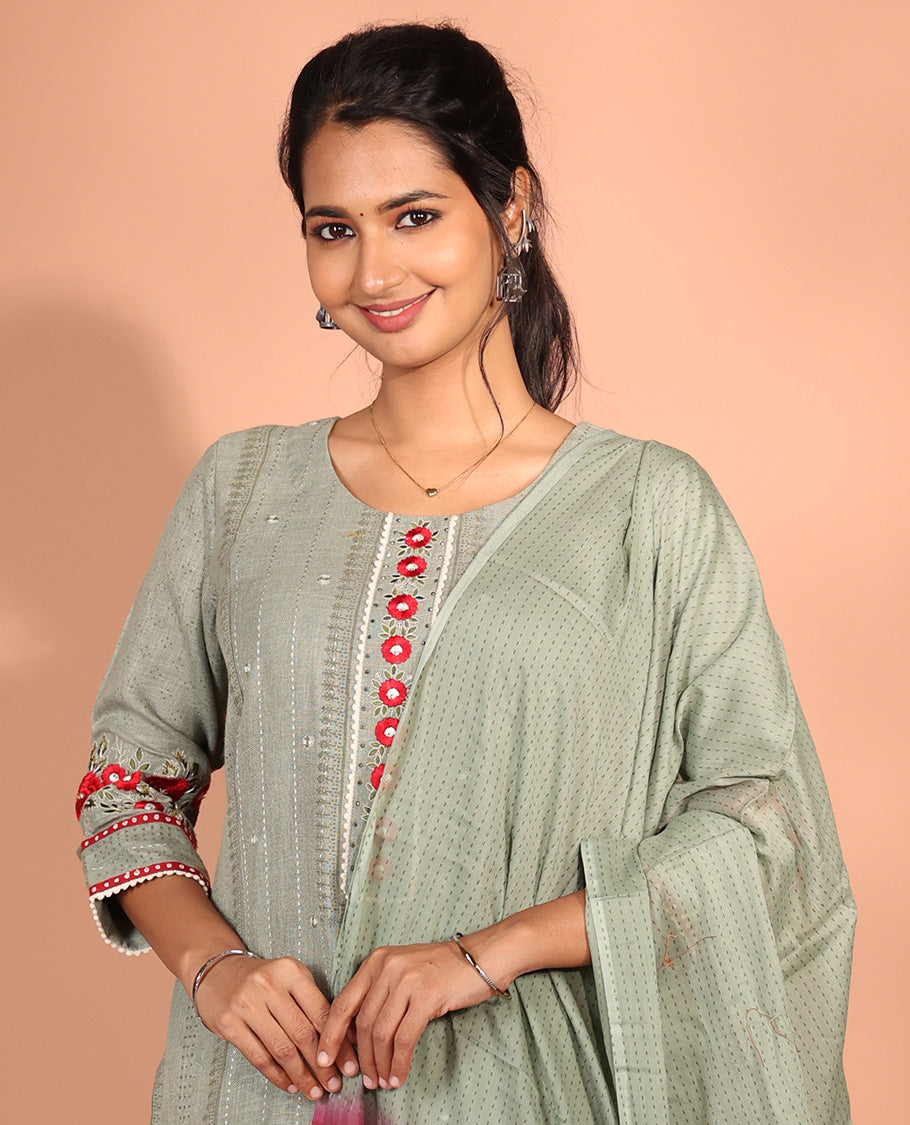Green Cotton Readymade Suit