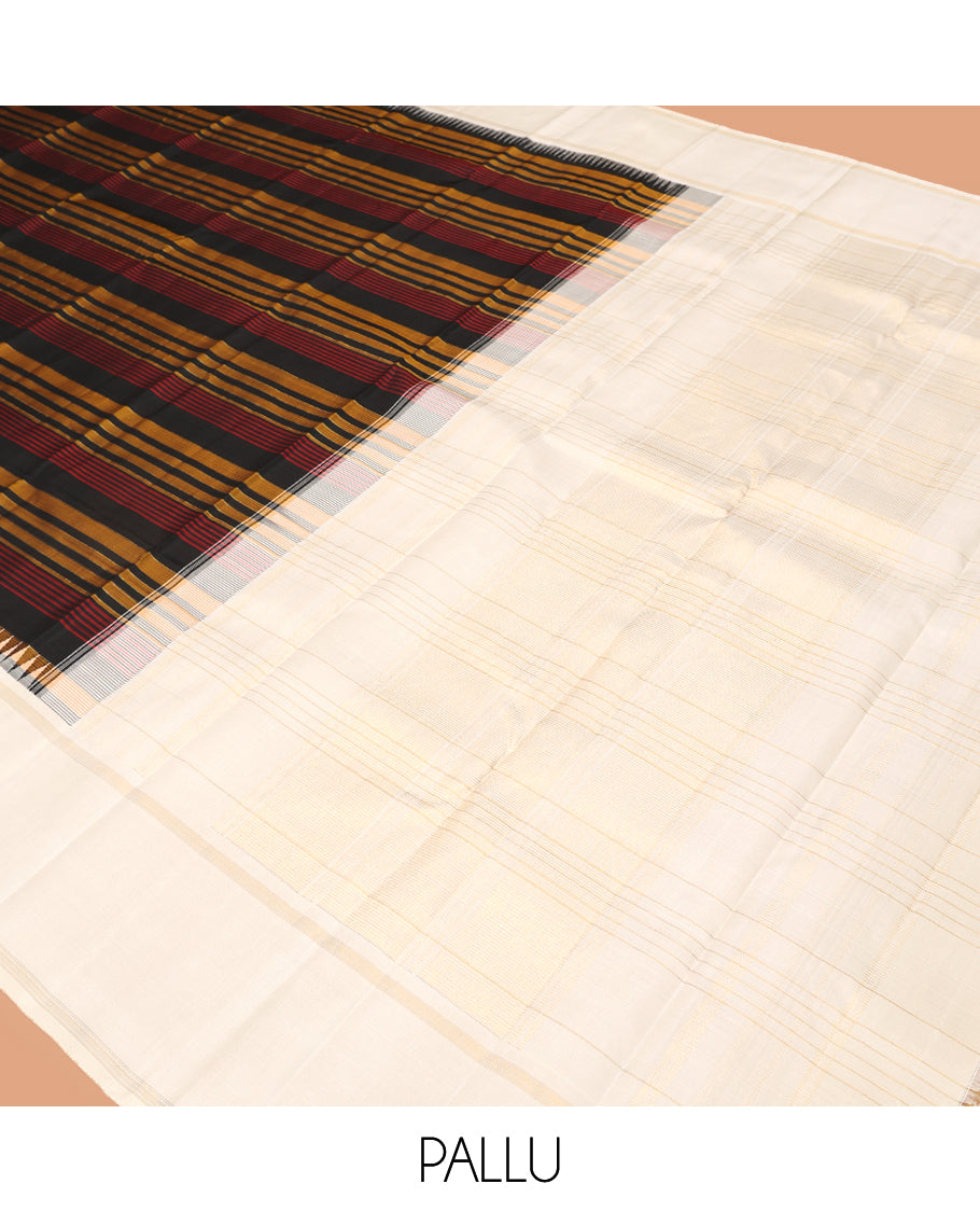 Black Striped Kanchipuram Silk Saree, Complemented by a Contrast Bodi Thazampoo Rekku Border, Zari Striped Pallu, and a Contrast Blouse