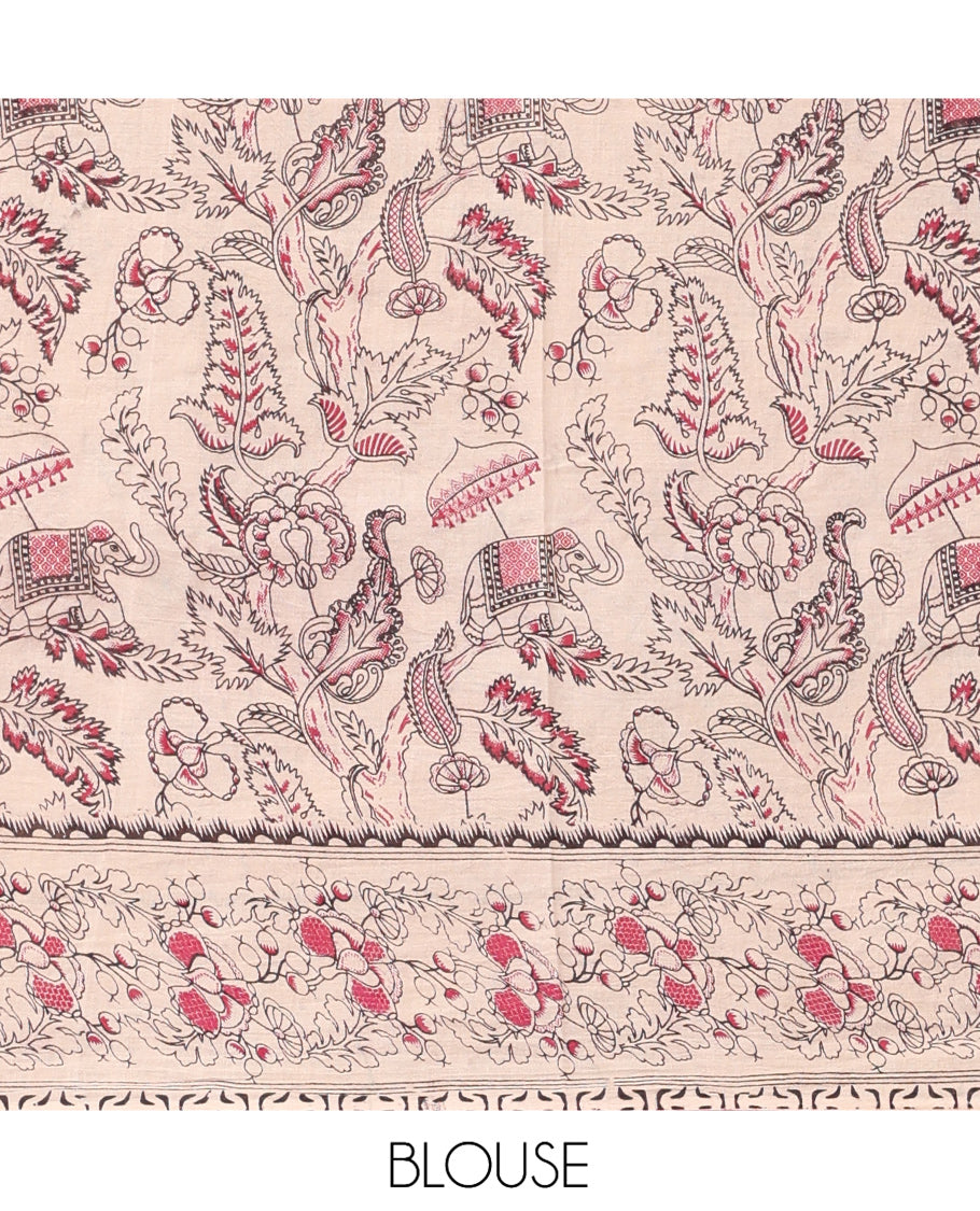 Sandal Kalamkari Cotton Saree, Elevated with Animal and Floral Motif Print, Contrast Printed Border, Kalamkari Peacock Motifs Pallu, and a Matching Blouse