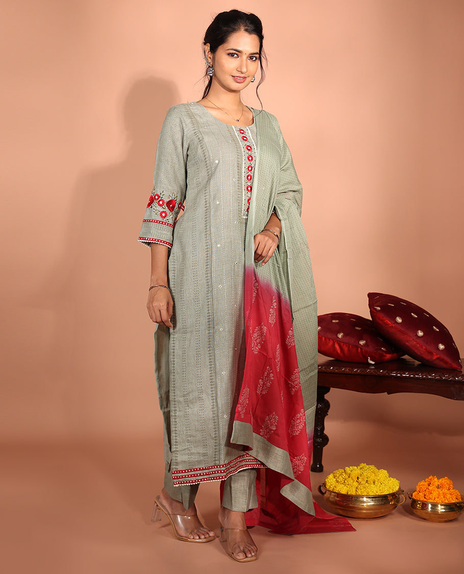 Green Cotton Readymade Suit