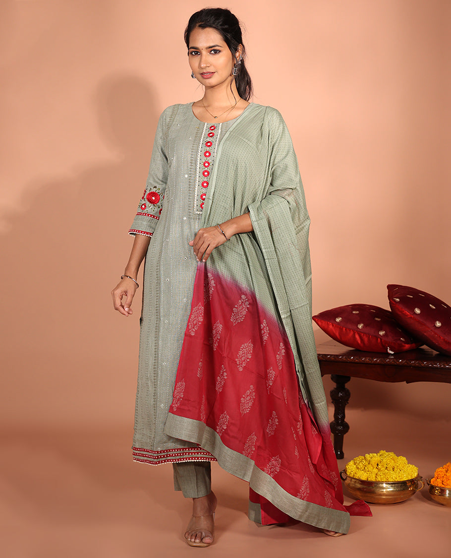 Green Cotton Readymade Suit