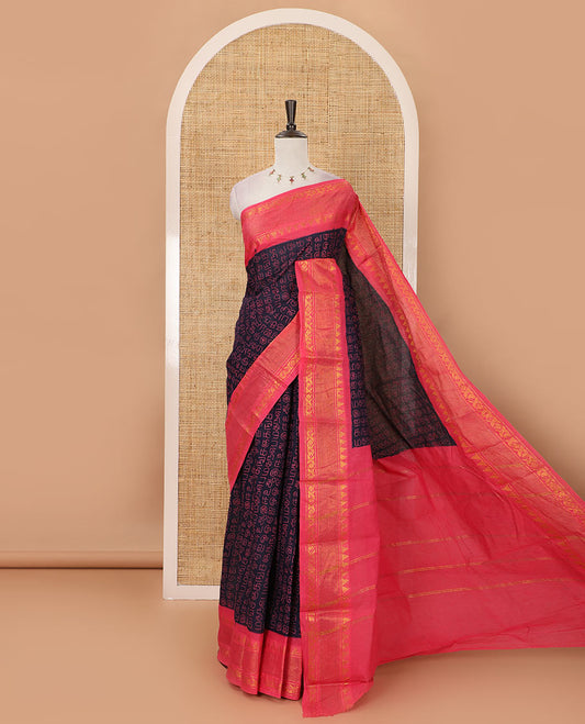 Navy blue Tamil letters printed Sungudi cotton saree, contrast traditional zari temple border, striped pallu & contrast plain blouse