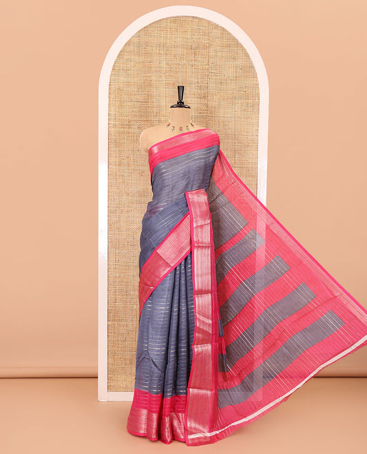 Grey horizontal zari striped moss chiffon saree, contrast traditional zari border, striped pallu, and a contrast zari design blouse