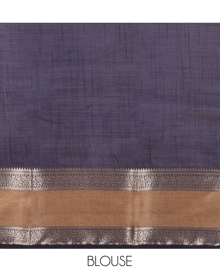 Purple Plain Art Tussar Saree, Complemented by Contrast Rettai Pettu Border, Striped Pallu, and a Contrast Blouse
