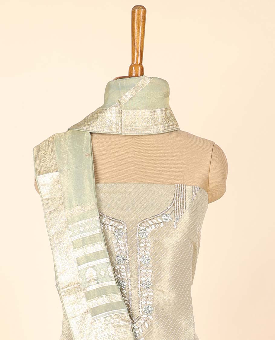 Green material chudidhar set, embroidered top, plain bottom & floral & peacock print & embroidered dupatta