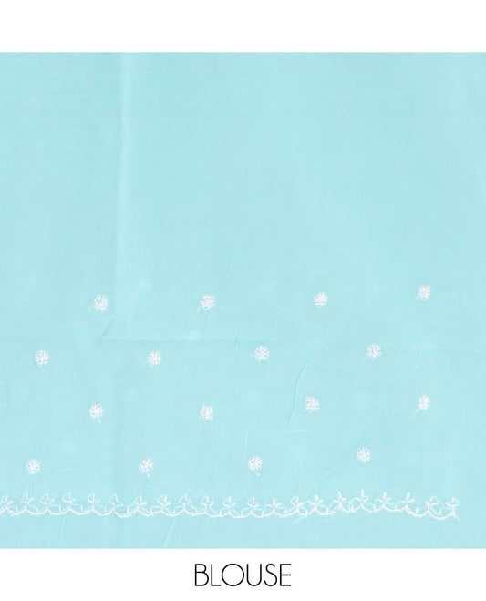 Blue flower embroidery lucknowi chikankari cotton saree scallop design border & floral embroidered pallu