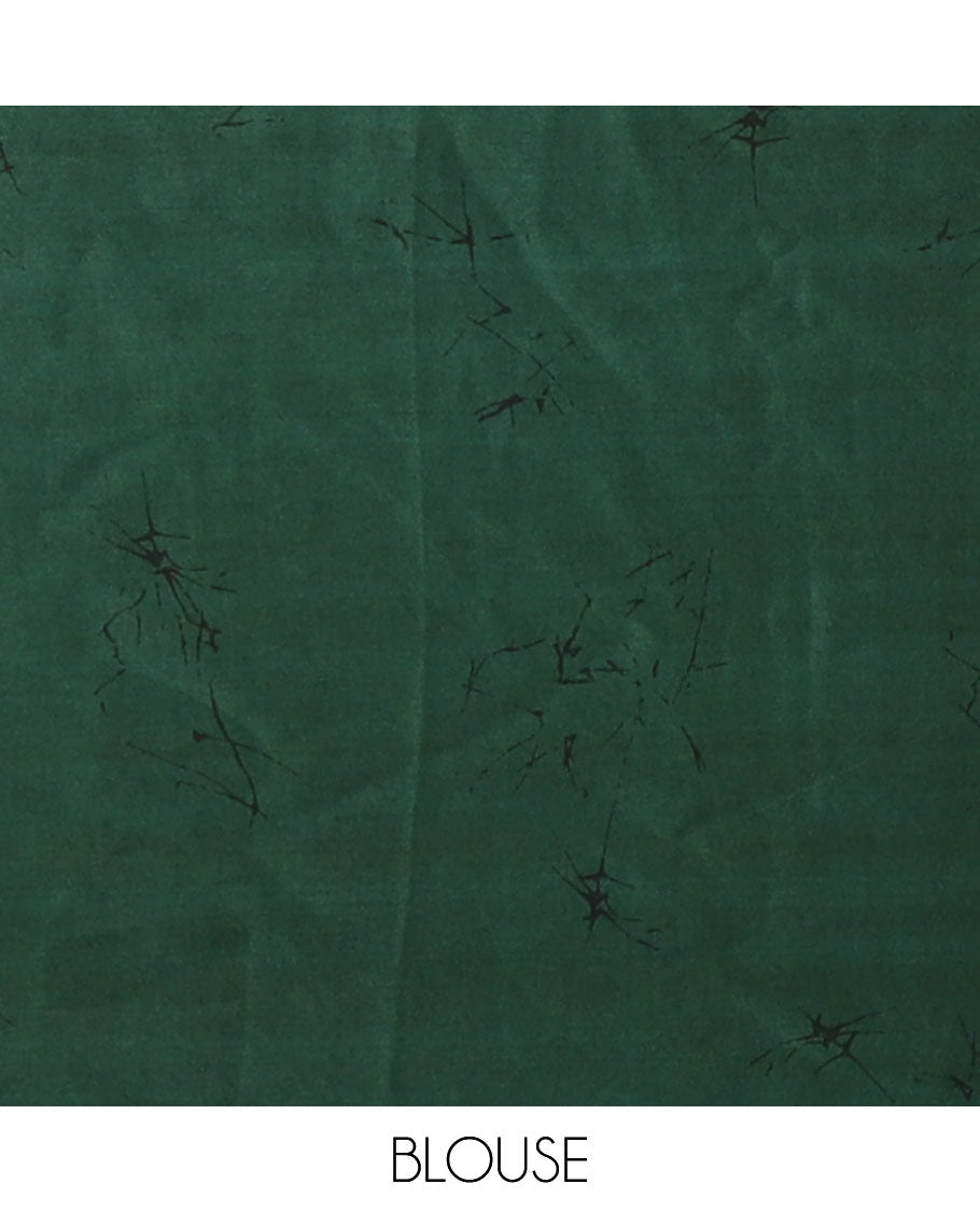 Borderless green half-and-half model satin saree with batik-style big floral motifs digital printed body and pallu
