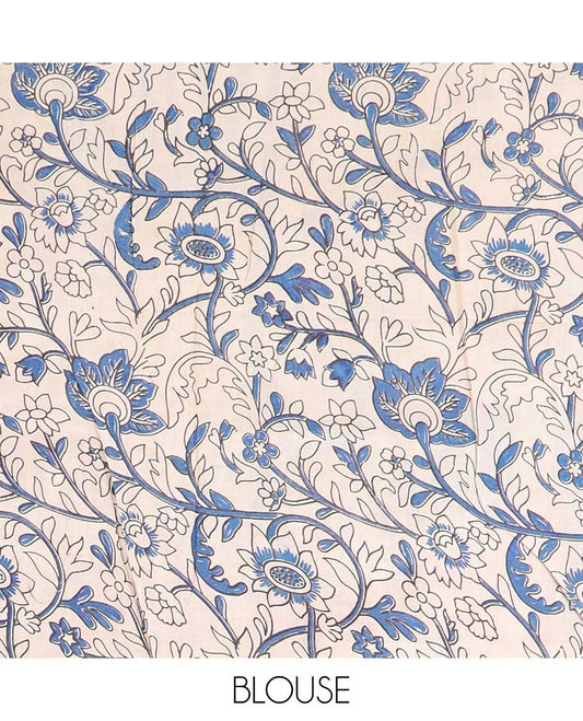 Cream floral & bird machine-printed kalamkari cotton saree, contrast floral & chevron border & peacock motifs pallu