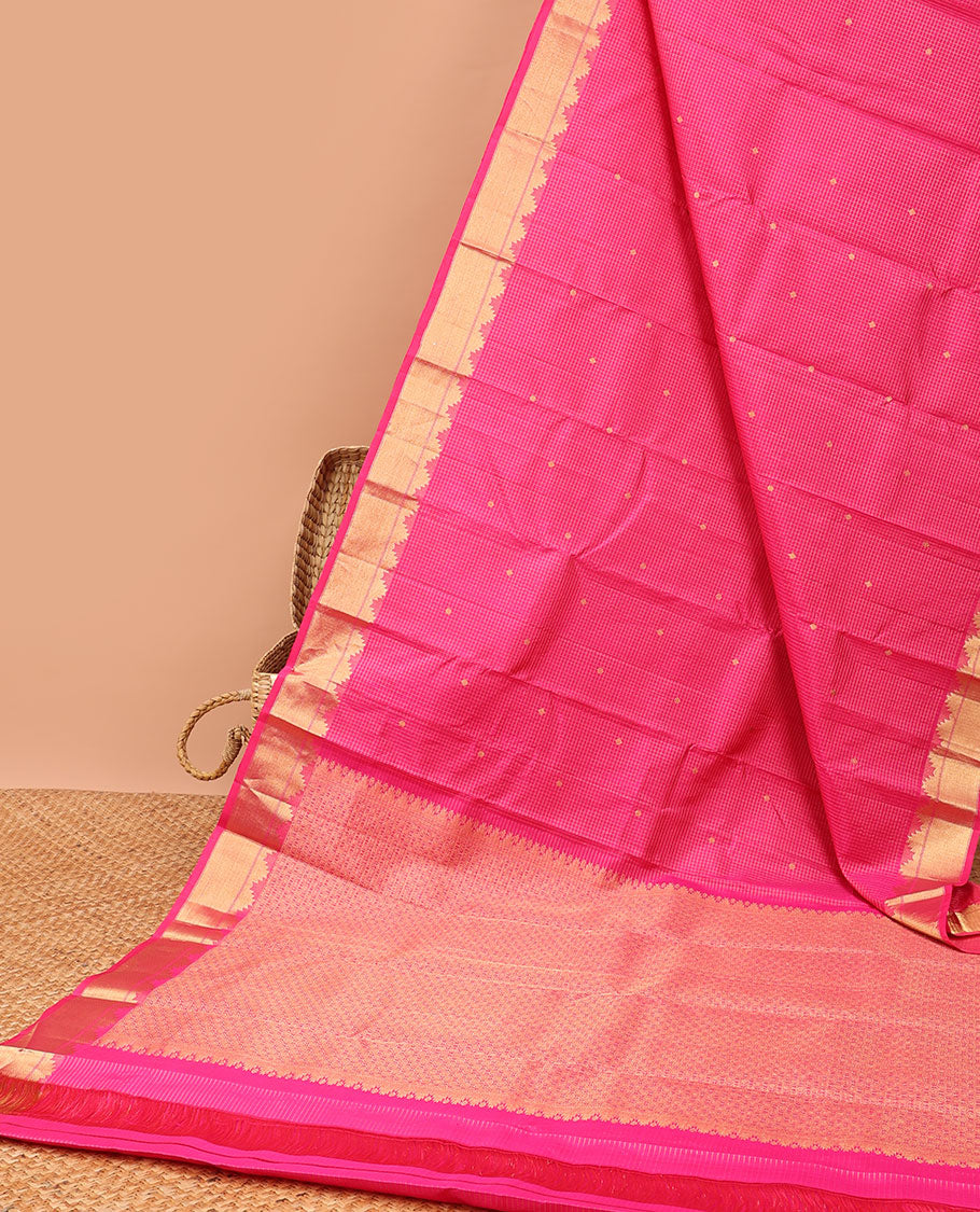Pink checked with floral buttas kancheepuram silk saree, self traditional zari design border & intricate jaal zari pallu