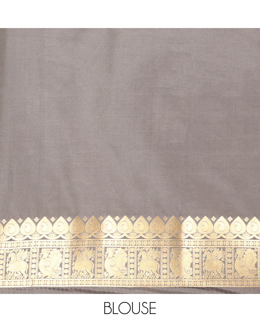 Cream Elite Soft Silk Saree, Accentuated with Zari Buttas All Over Its Body, Complemented by Contrast Border Steeped with Zari Buttas, Grand Jaal Design Pallu, and Paired with a Contrast Blouse