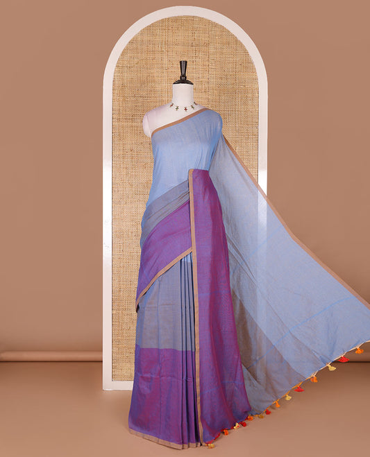 Borderless violet ombre style tri-colored plain Khadi mul cotton saree with full plain blouse