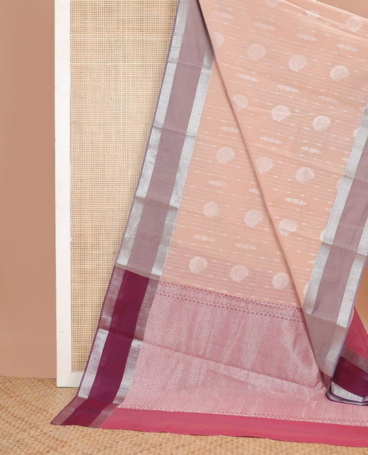 Sandal striped, floral design semi silk cotton saree with contrast rettai pettu zari design border & geometric design pallu