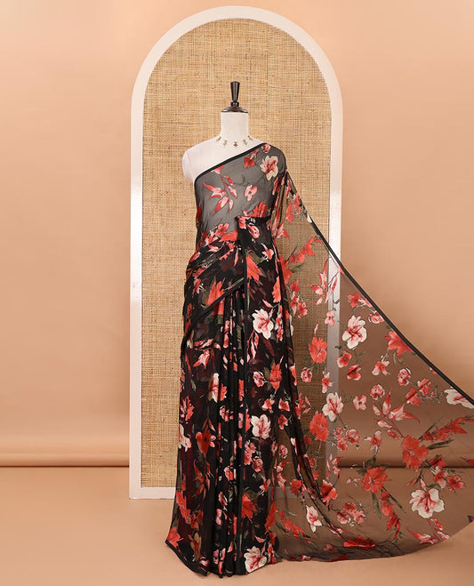 Borderless black-red all-over floral printed brasso chiffon saree with embossed diamond butta blouse
