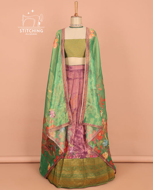 Multi-color floral printed art silk half saree, contrast traditional border, jacquard blouse & floral printed dhavani