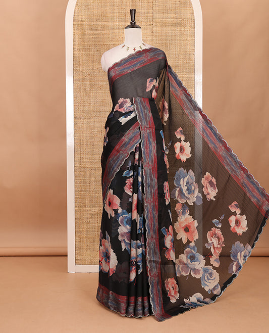 Black floral printed sitara shimmer saree, printed scallop swarovski stone work border & contrast digital printed blouse