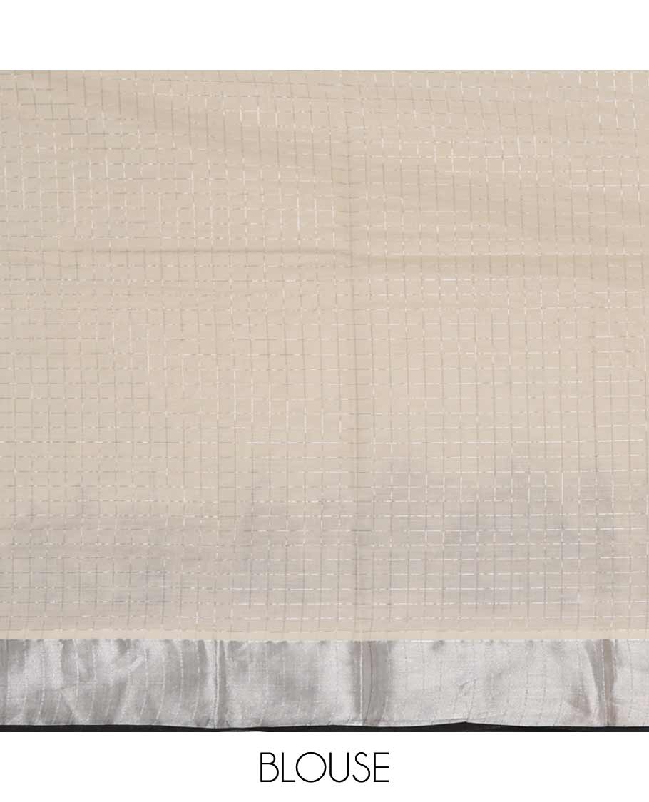 Half-white zari checked Kerala saree,bavanji border & pallu delicately printed with 7-wonders of the world motifs, zari design blouse