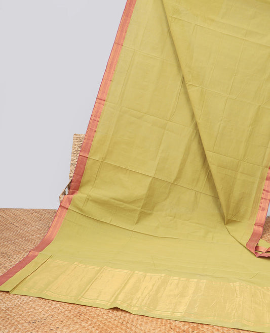 Dusky green mangalagiri cotton saree contrast temple border & striped pallu