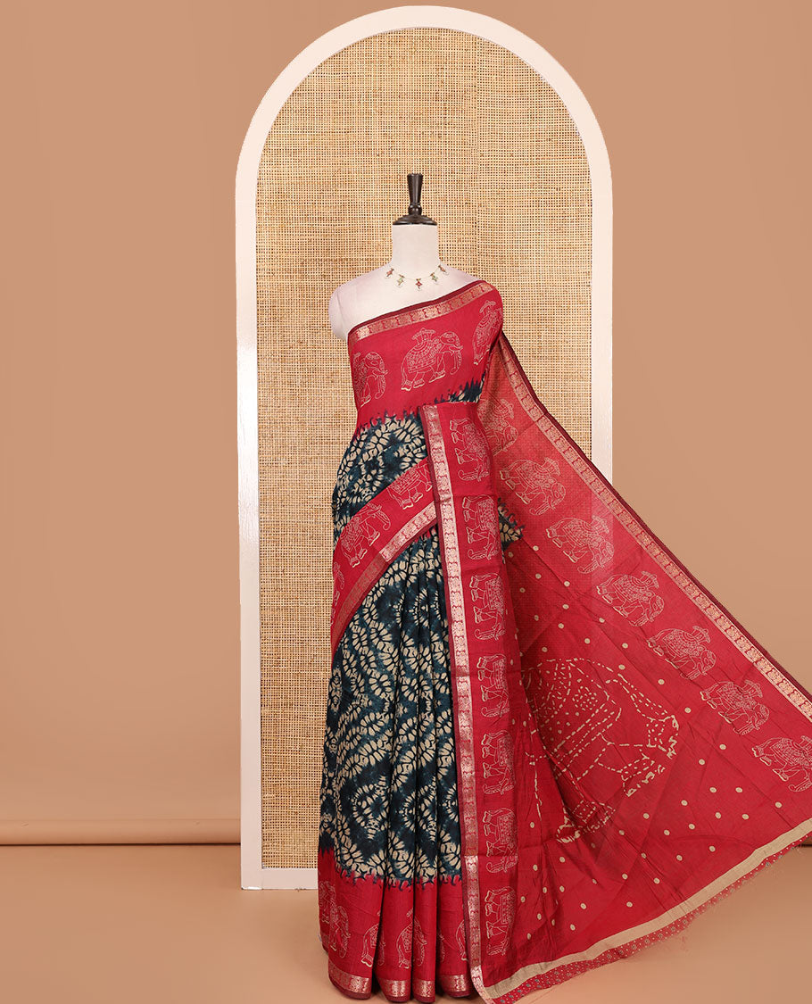Blue diamond patterns Shibori-style printed muslin cotton saree, contrast elephant motifs printed border, batik elephant motifs pallu & contrast flower buttas printed blouse