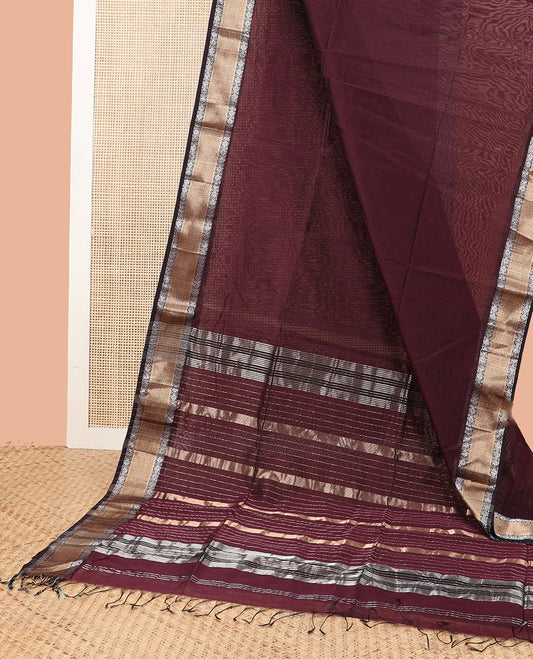 Brown maheshwari cotton saree with contrast  floral zari design border & striped pallu