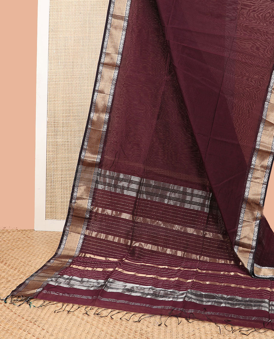 Brown maheshwari cotton saree with contrast  floral zari design border & striped pallu