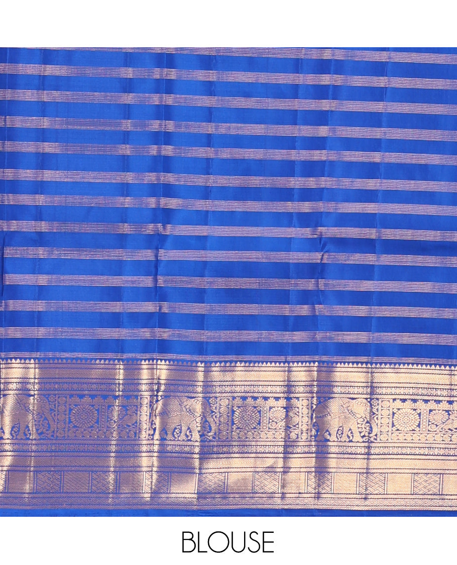 Blue Kanchipuram Silk Saree, Adorned with Zari Buttas and Checks, a Zari Border of Rekku, Kathir, Muthu, Rudraksham, Rekku, Yaanai, Chakram, and Paiyaddi Kattam, Jaal Pallu, Matching Blouse