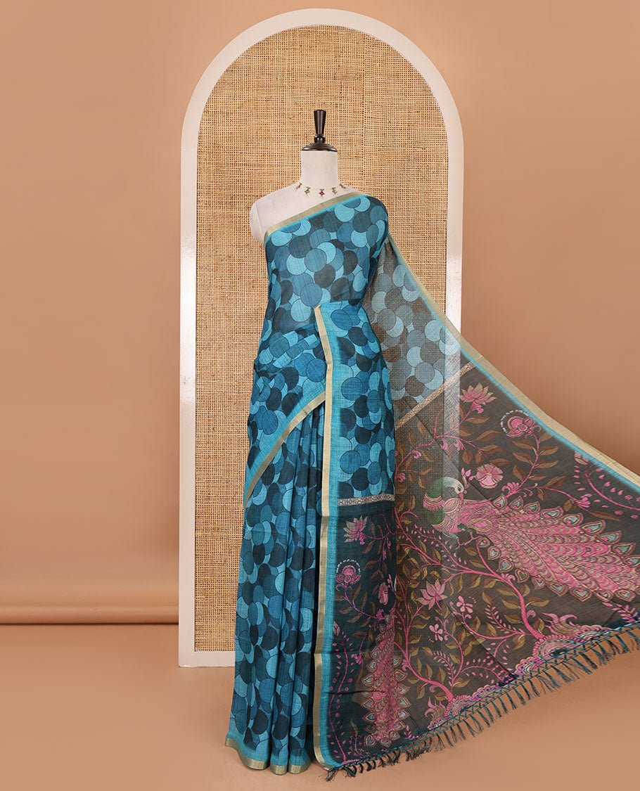 Blue polka dots printed linen cotton saree, piping border, kalamkari floral-peacock printed pallu & small polka dots printed blouse