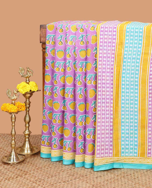 Pink with yellow strawberry, cherry print mul mul cotton saree with contrast geometric printed border