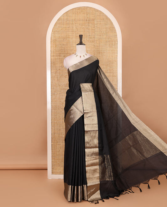 Black full-plain soft-mercerized cotton saree, zari bavanji border, striped pallu & plain blouse