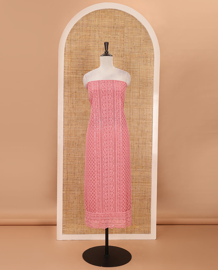 Pink material chudidar set,  floral, paisley & geometric schiffli embroidered georgette top & orginal mirror embroidered georgette dupatta
