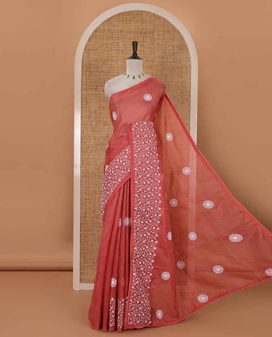 Pink plain & chikankari embroidered kota check saree, lace border, embroidered self-pallu & plain blouse