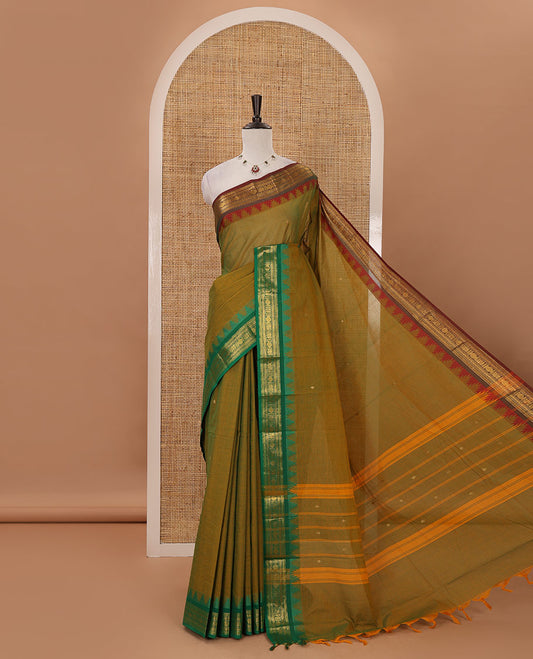 Mehendi green zari buttas Chettinad cotton saree, contrast Ganga Jamuna temple traditional zari border, striped pallu & matching blouse